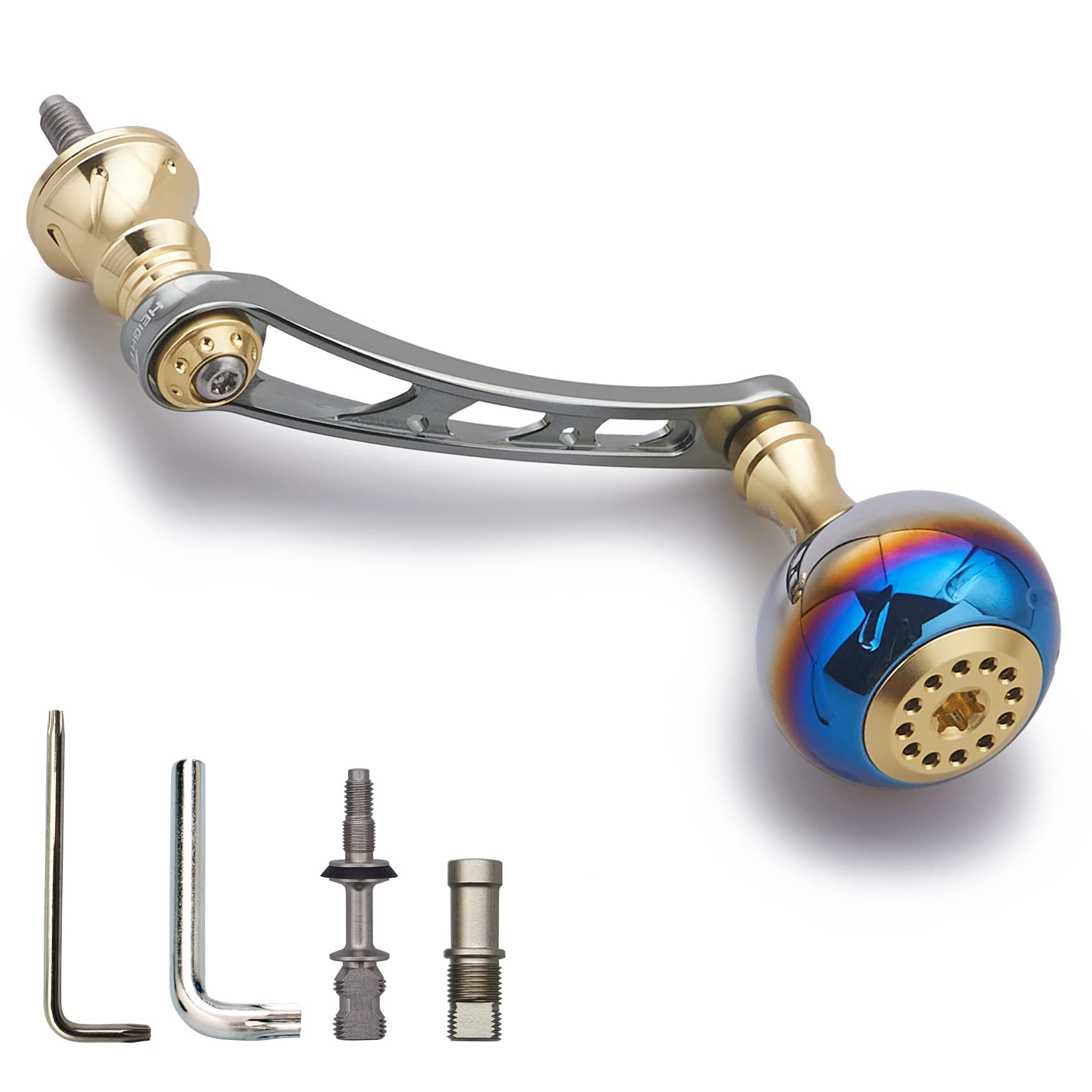 

HEIGHTEN 56mm Reel Handle with 30mm Knob for Shimano Daiwa Universal Spinning Reel Aurora Series (SHIMANO) (DAIWA) (Gold & Gunmetal) (390)