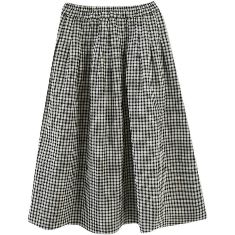 The Real Shot of The New Literary and Artistic Women's Clothing Cotton and Linen  Pendulum High Waist and Thin A Word Medium and Long Skirt