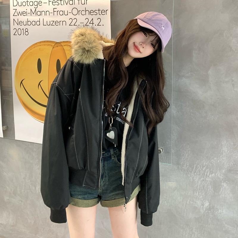 

Американское ретро парки с капюшоном и меховым воротником тренд короткая зимняя куртка для женщин модная хлопковая стеганая верхняя одежда XL чёрный