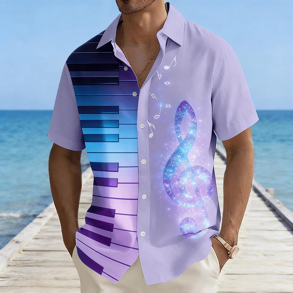 Music Lover's Short Sleeve Shirt with Piano Key & Note Print, Casual Summer Essential