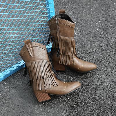 Frühling & Herbst Neue Spitze Nieten Quaste Weiche Sohle Rutschfest Western Mittelhohe Stiefel Seitenreißverschluss Blockabsatz Ritterstiefel