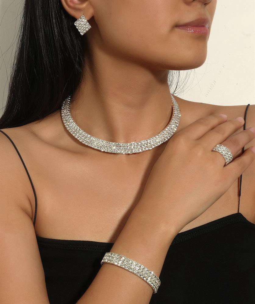 New Fashion Necklace Earrings Ring Bracelet Four-piece Set, Full Diamond Three-Row Collar Bridal Suit Women