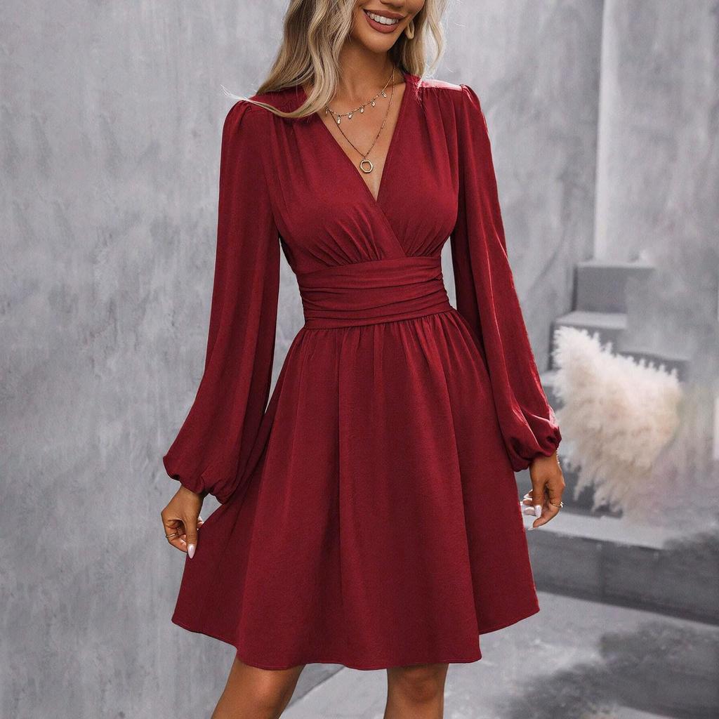 Women's Fashionable Solid Color V Neck Long Sleeved Pleated Versatile Dress
