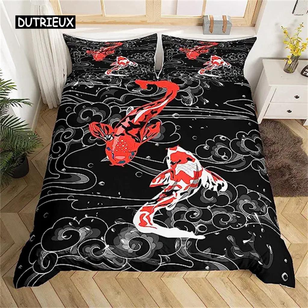 Duvet Cover Japanese Style Sea Ocean Waves Nautical Hand Drawn Japanese Style Cover Illustration Ukiyoe Themed Decor Blue Cream