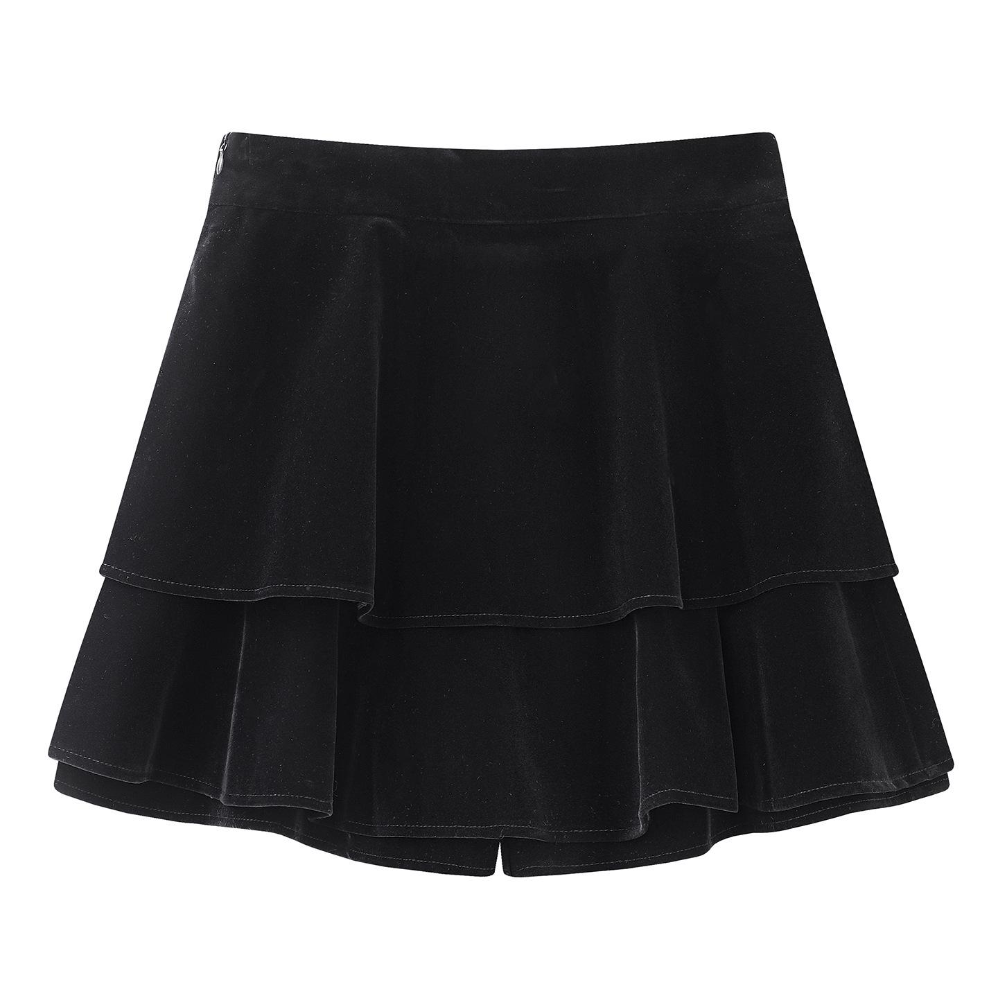 

2026 Spring Women s Petite Christmas Velvet Pleated Mini Skirt Retro Layered Cake Style Small чорний