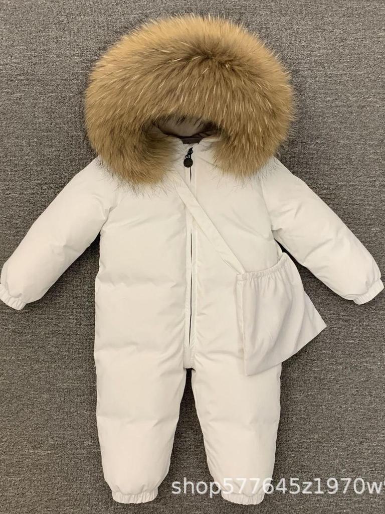 Winter Thick One-Piece Down Jacket for Infants with Real Fur Collar