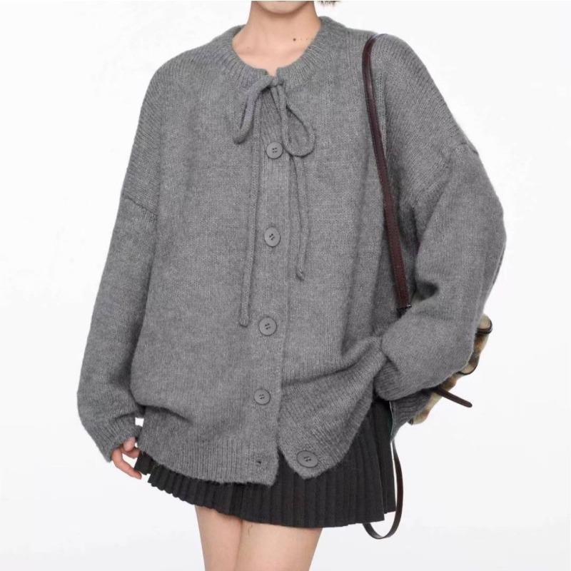 Autumn and Winter Retro Lace-up Sweater Jacket Women's Loose Lazy Style New Knitted Cardigan Top Women