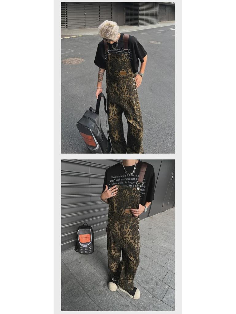 Unisex Retro Leopard Print Denim Overalls - Trendy, Loose-Fit American-Style Jumpsuit