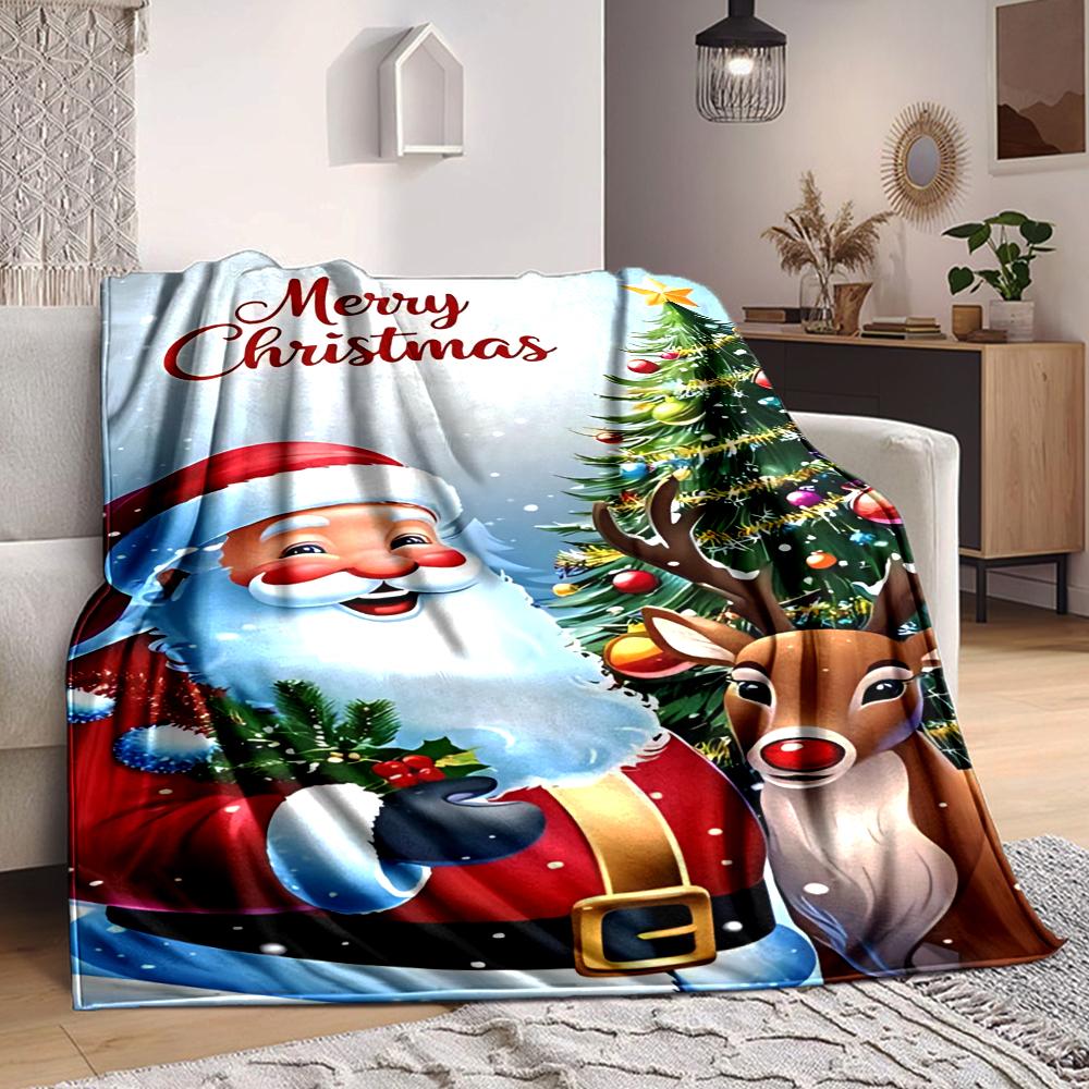 1Pc Christmas Santa Reindeer Flannel Blanket, Soft And Comfortable, Casual Warm, Camping Travel, Christmas, Halloween Xmas Gift. G1125
