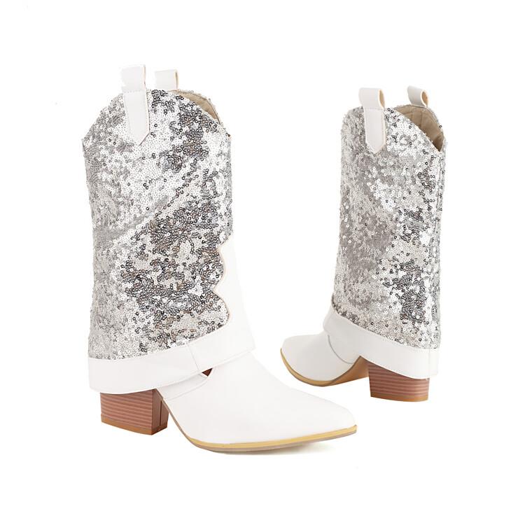 

Сапоги в стиле вестерн с пайетками, женские, блестящие, серебряные, золотые, на массивном высоком каблуке, до середины голени, ковбойские сапоги, ковбойская обувь 43