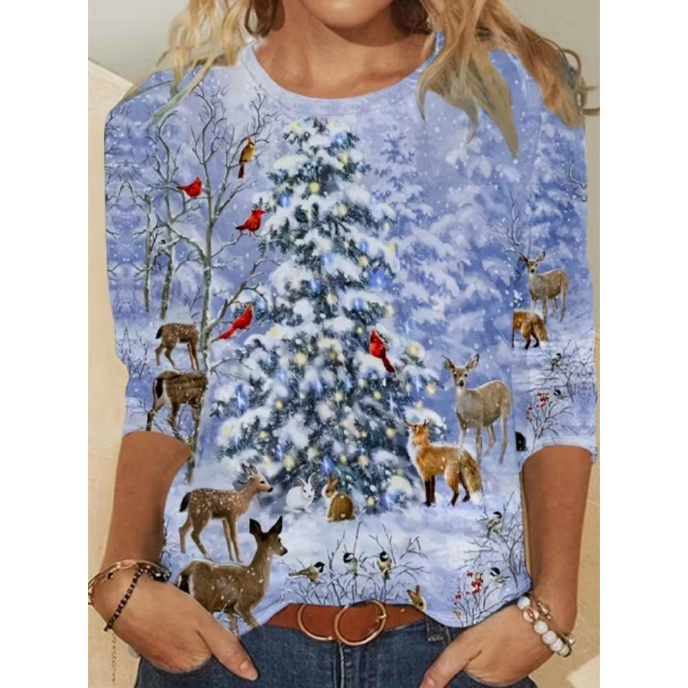 Women's 3d Printed Floral T-shirt Fashion Long-sleeved Round Neck Regular Tops Holiday Weekend