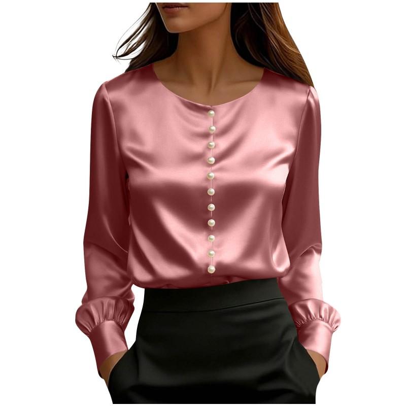 2026 Womens Satin Silk-Feel Short Sleeve T-Shirt With Pearl Embellished Round Neck Solid Color Casual Street Style