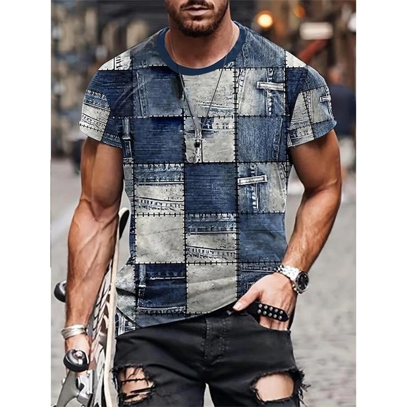Vintage Patchwork Denim Graphic T-shirts Summer Fashion Short Sleeve Trend Streetwear 3D Printed T Shirts Casual Loose Mens Tees
