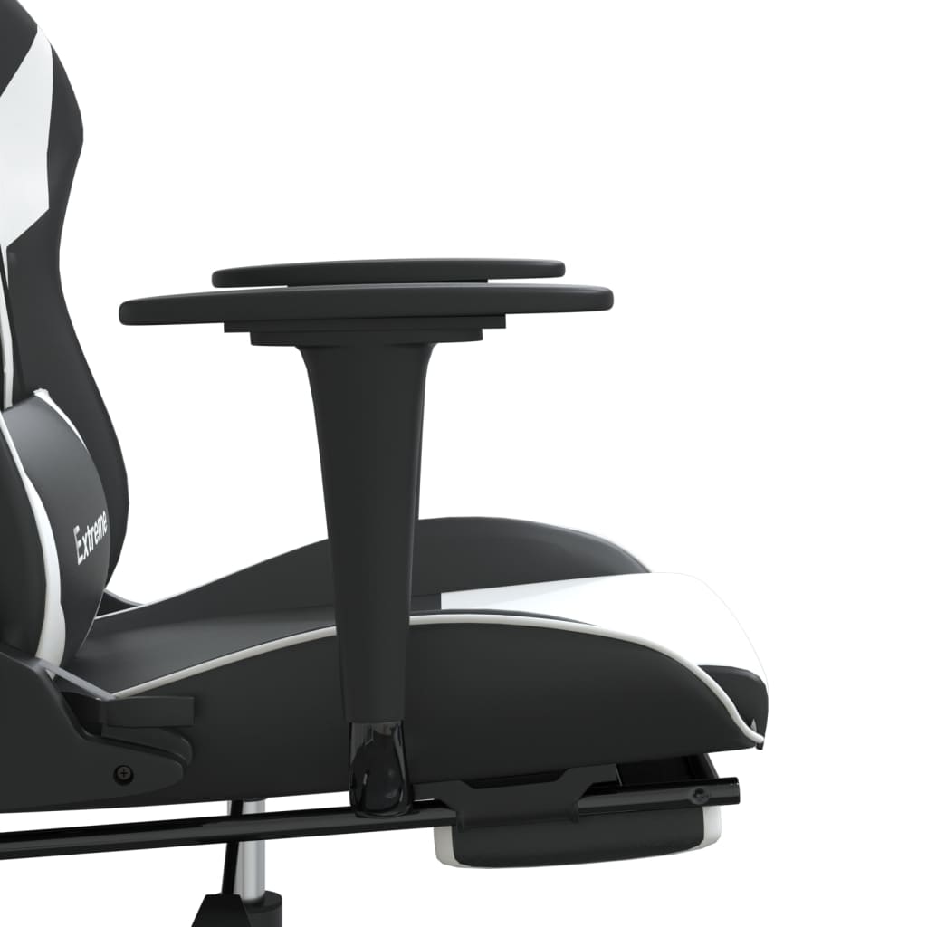Gaming Chair with Massage Function & Footrest Black & White PU Leather