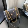 Women's Dark Green Velvet Crossbody Bag, Sunburst Stud Square Shoulder Bag with Gold Chain Strap