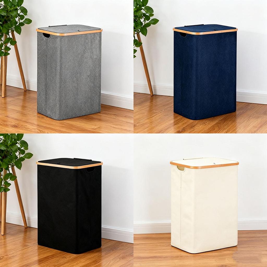 Bamboo Frame Oxford Cloth Folding Laundry Basket with Inner Bag.