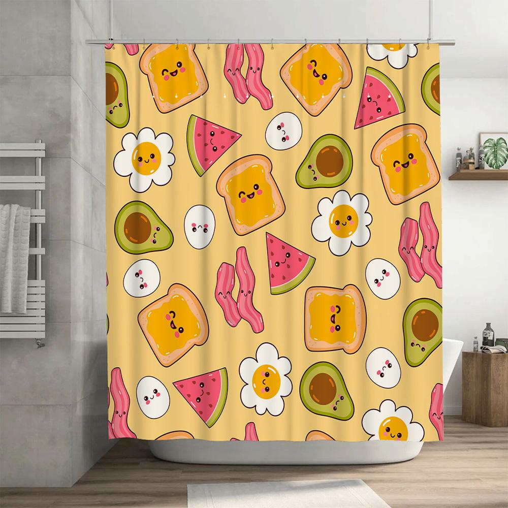 Kawaii Breakfast Shower Curtain with Avocado Toast Design for Bathroom Decor Yellow White Pattern Free Shipping