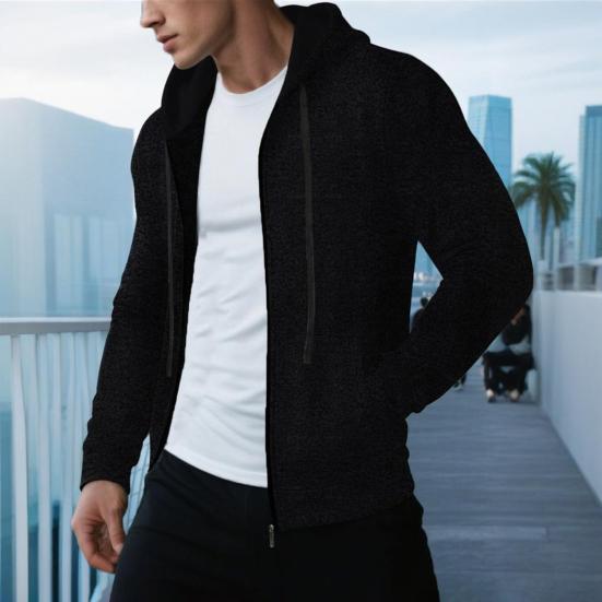 Men Coat Hooded Drawstring Long Sleeve Zipper Closure Casual Jacket with Pockets Solid Color