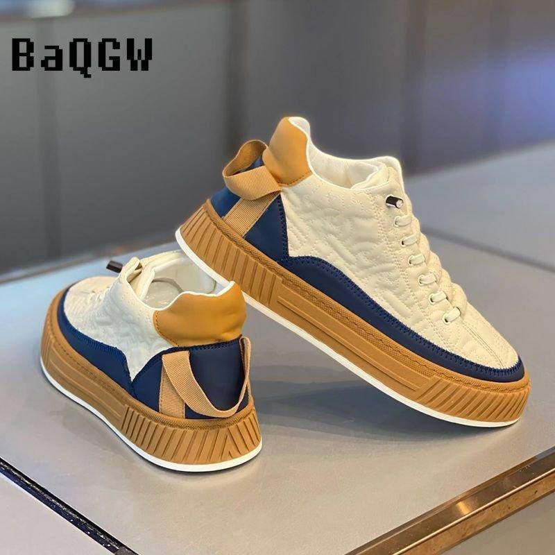 Scarpe Casual da Uomo alla Moda Primavera Autunno Contrasto di Colore Rialzate Scarpe da Skateboard con Fasce alla Moda Stivali da Esterno di Alta Qualità Stile Britannico