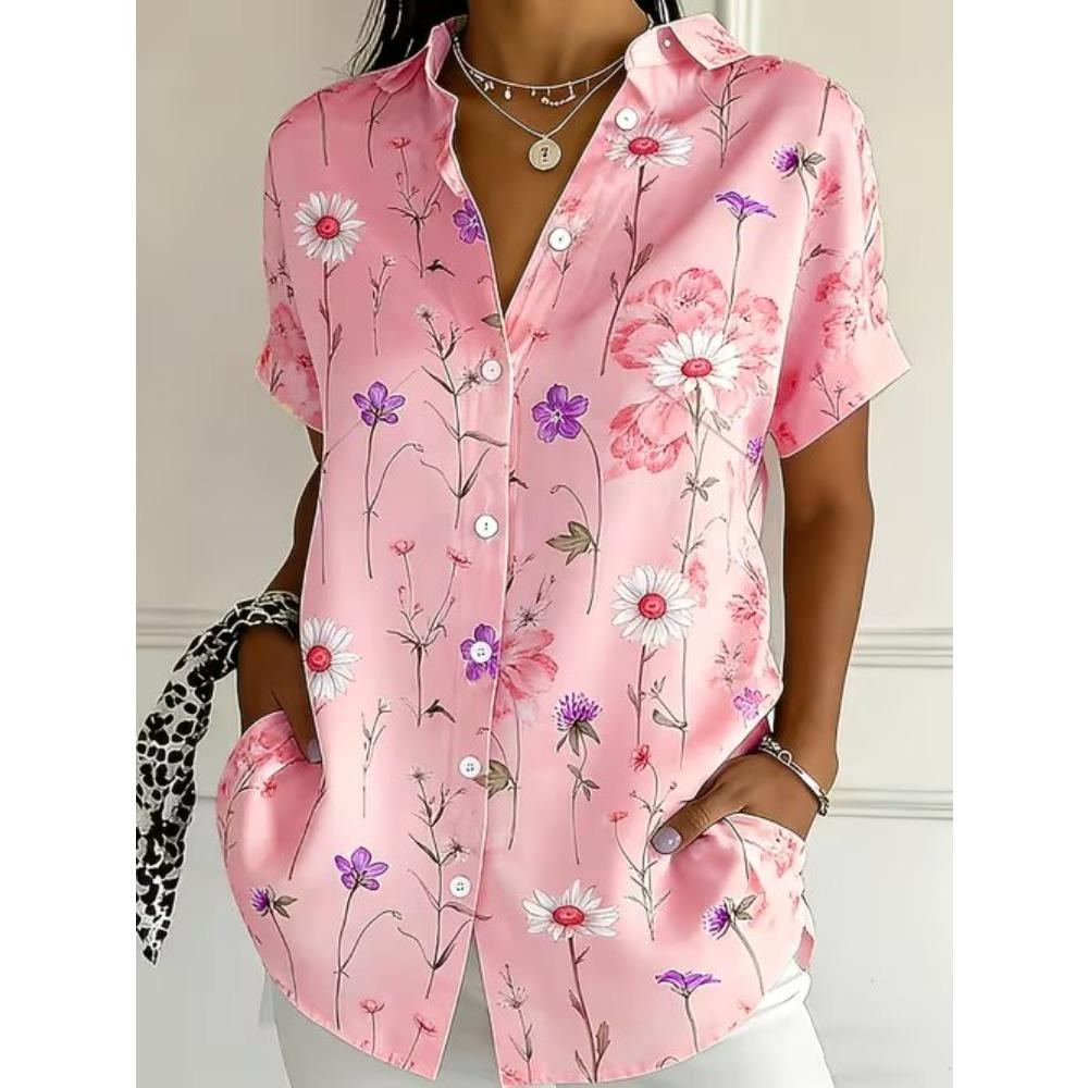 Women's Shirt Short Sleeve Shirt Button Down Blouse Floral Printed Daily Casual Collar Regular Tops Daily Summer Spring