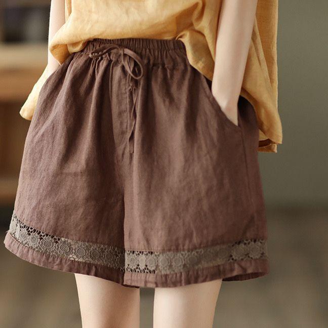 Casual Solid Linen Lace Floral Summer Short Pants Loose Elastic Waist Boho Beach Wear Shorts Women Bottom