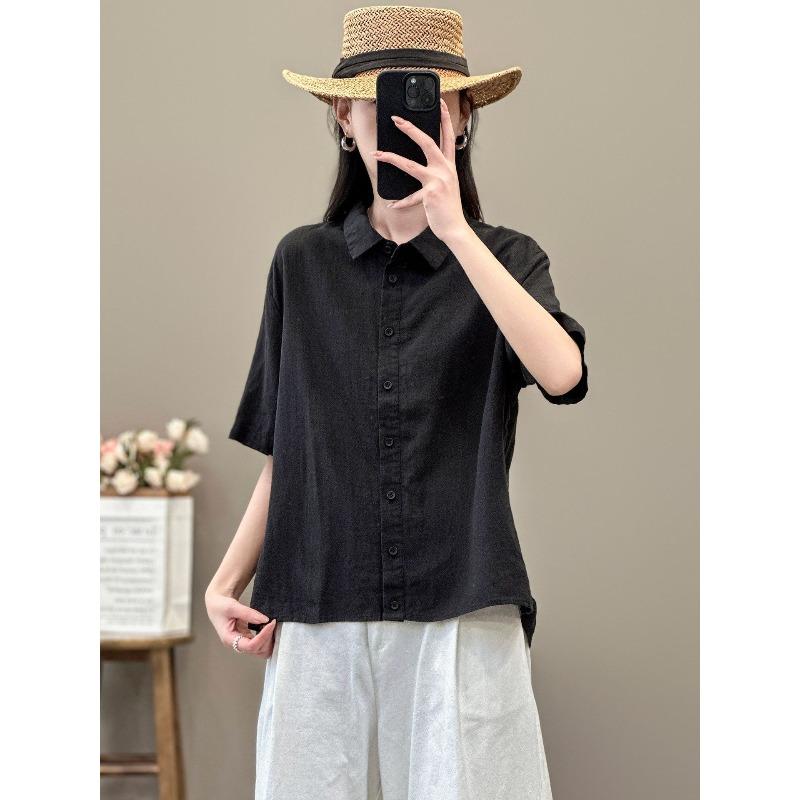 Literary and retro style linen shirt women's summer temperament commuting solid color versatile lapel cotton and linen five-quarter sleeve top women
