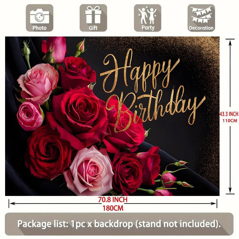 Party Backdrop Pink Red Elegant Flat Golden Glittery Text Roses Flowers Photo Background Decor Birthday Party Decor