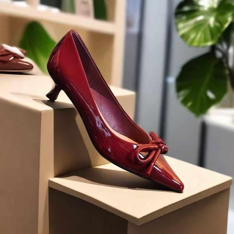 With skirt bow patent leather red thin heel pointed high heels 2025 summer new French shallow mouth single shoes women