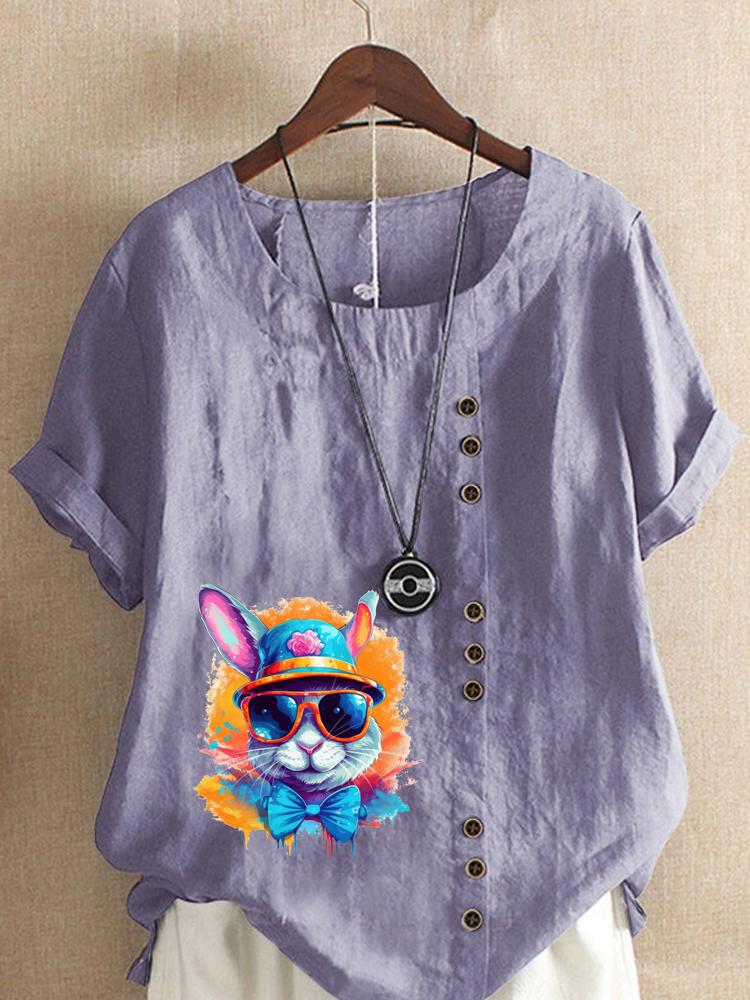 Women's Fashion Colorful Rabbit Print Shot Sleeve T-shirt Loose Cotton Shirt Casual Loose Summer Blouse Tops Plus Size