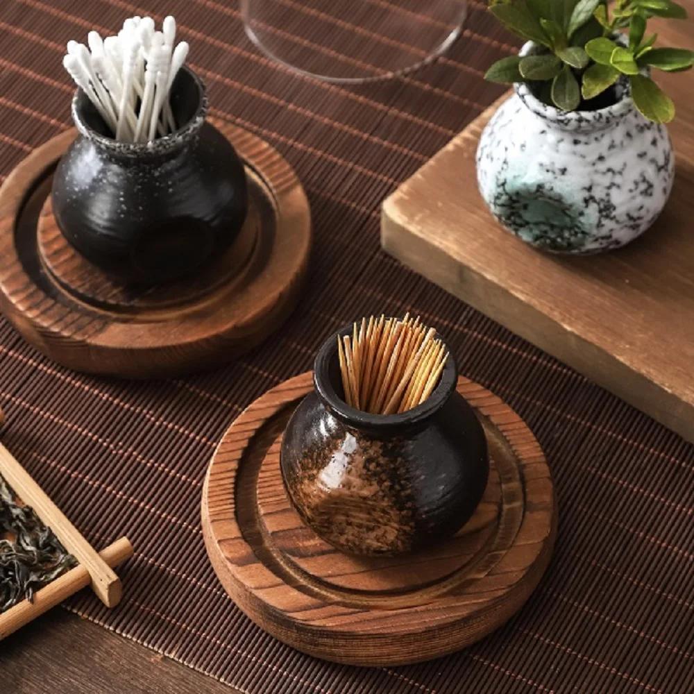 Chinese Ceramic Toothpick Jar Retro Toothpick Tube with Cover Creative Floss Cotton Swab Box Storage Box Set Home Decoration
