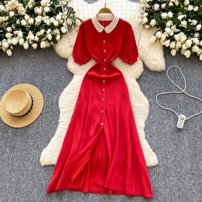Summer Women Elegant Peter Pan Collar Short Sleeve Single Breasted Knitted Sweater Long Maxi Dresses