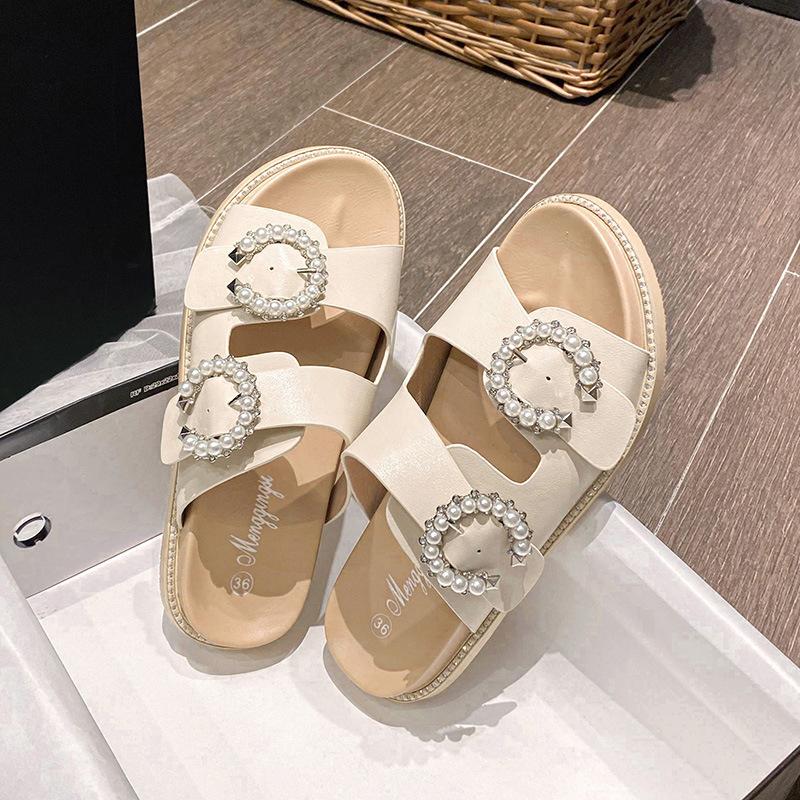 

Женские летние сандалии-шлепанцы, новые повседневные модные шлепанцы на толстой подошве с квадратной пряжкой со стразами, нескользящие шлепанцы на один палец 43 абрикосовый