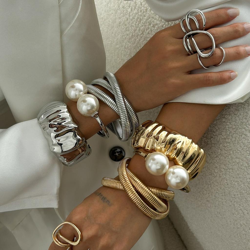 DIEZI 3 Style Round Imitation Pearl Wide Cuff Bangles Bracelets Punk Multilayer Geometric Metal Spring Bangles Set For Women Men