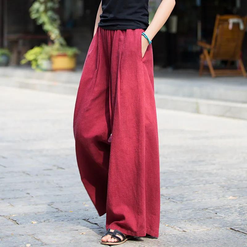 

Women s Spring Summer High Waist Cotton-Linen Wide Leg Trousers Versatile Slim Fit Big Foot Pants with Drooping Loose Pants for Women S вина червоного кольору