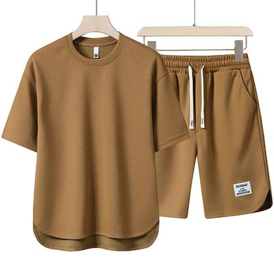 Men's Summer Solid Color Thin Suit Short Sleeve Round Neck T-shirt + Breathable Five-minute Pants Two-piece Set