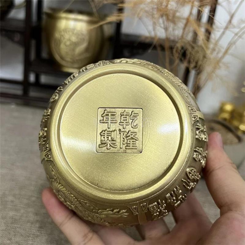 Brass Dragon and Phoenix Hundred Blessings Tea Canister with Lid Brass Golden Dragon Tea Jar Metal High-end Moisture-proof Insec