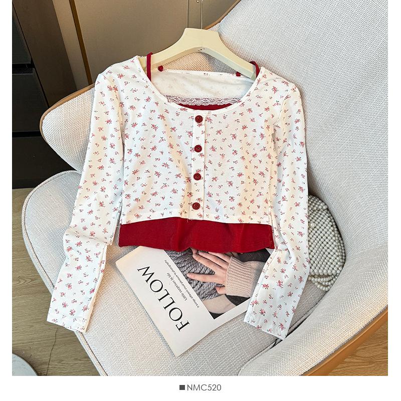 Women's Floral Button-Up Two-Piece-Style Long-Sleeve Slim Fit Top