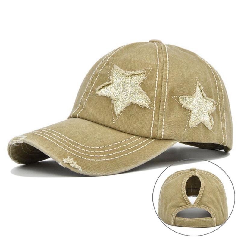 Vintage-Washed Denim Baseball Cap with Star Pattern