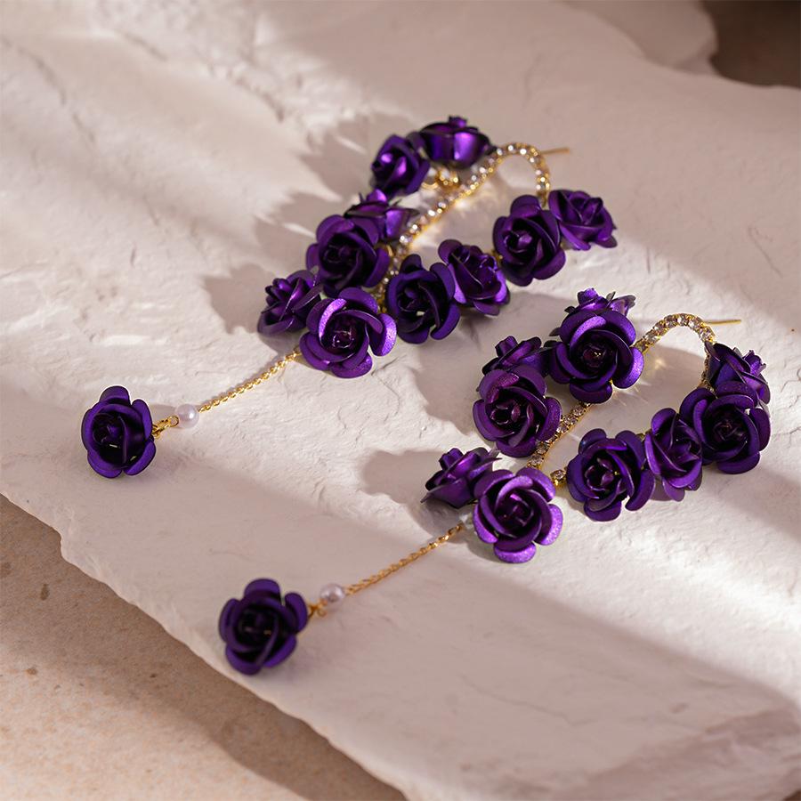 Elegant European & American Long Tassel Flower Earrings with Diamond-Inlaid Spray-Painted Design in Sterling Silver for Women
