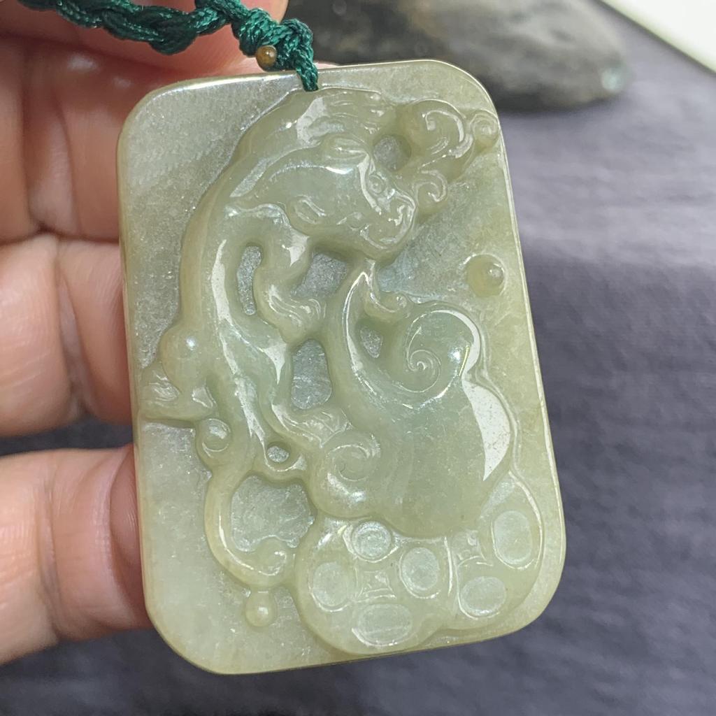 Myanmar Natural A-Grade Jade Pendant with Fox, Tiger, Qilin, and Bodhisattva Figures