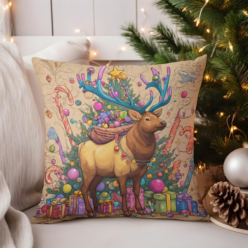 Home Decor Colorful Christmas Reindeer Decorative Pillow Cover Pattern Cushion Cover Suitable for Sofa Bedroom Car Pillow Cover