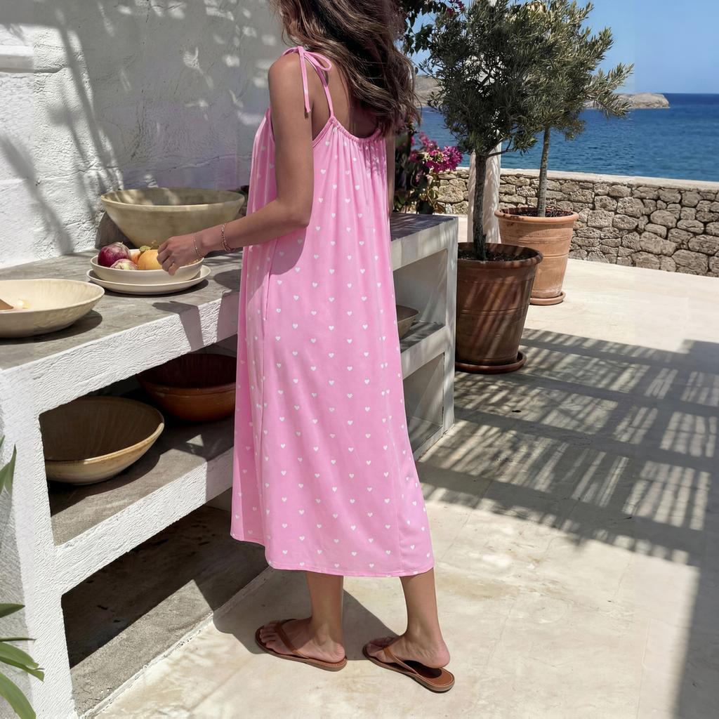 Women Sleeveless Backless Dress with Adjustable Thin Straps Casual Loose Fit Midi Dress with Bow Tie and Heart Print Summer Dress