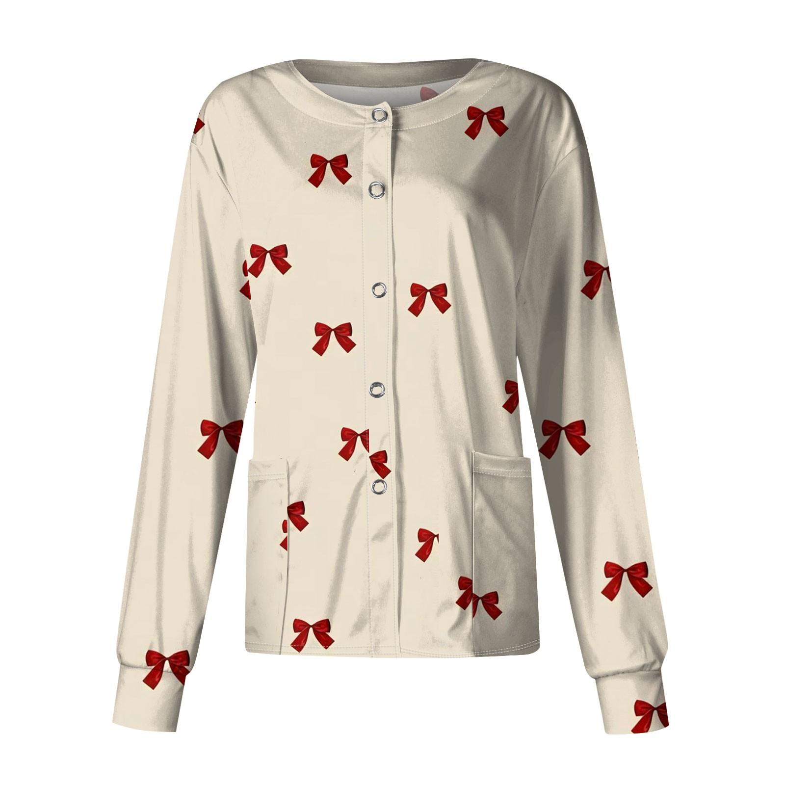 

Women s Casual Long Sleeve Single Breasted Bow Printed Clothing Cardigan Top M хаки