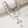 2-teilige Mode Retro Spitze Kreuz Anhänger Halskette Doppellagig Stern Fransen Perle Damen Choker Halskette