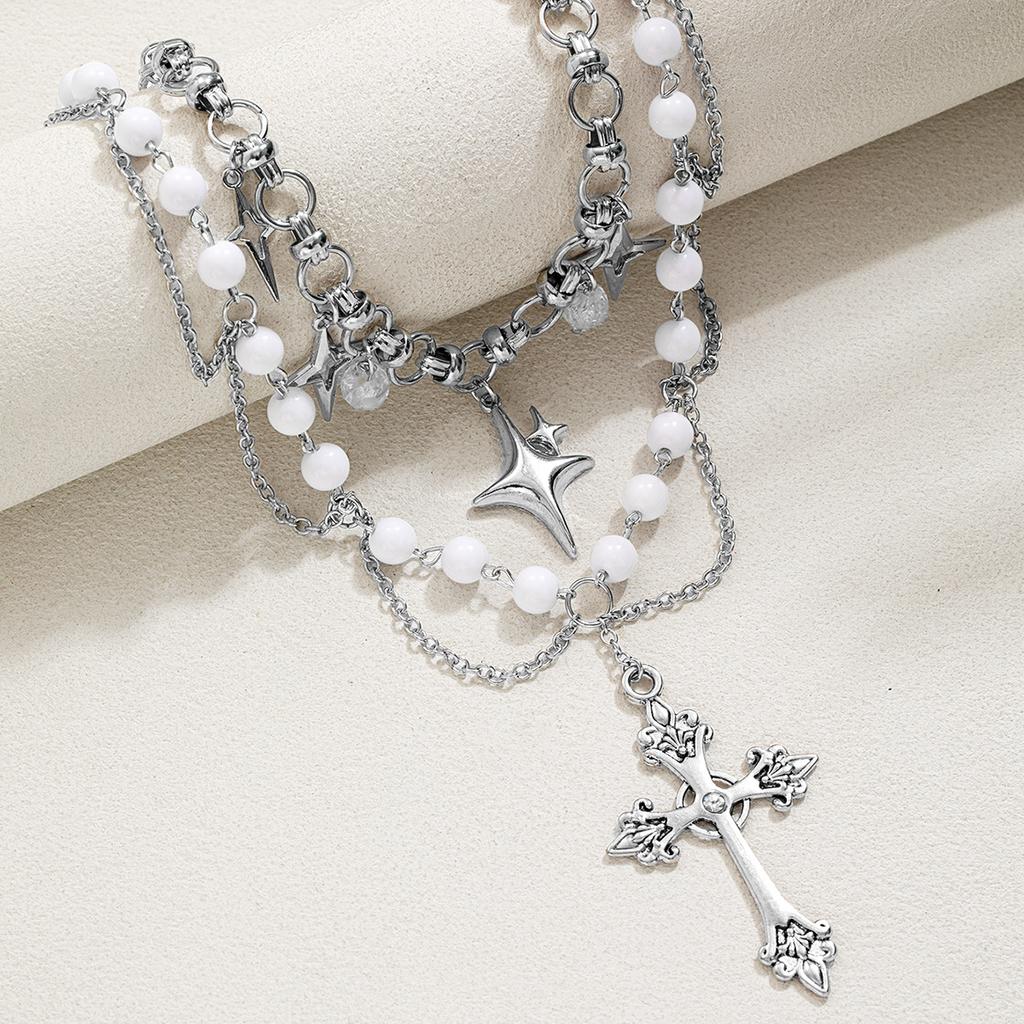 2-teilige Mode Retro Spitze Kreuz Anhänger Halskette Doppellagig Stern Fransen Perle Damen Choker Halskette