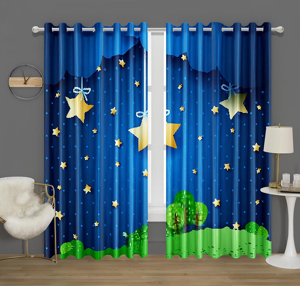 2pcs Fantasy Blue Night Starry Sky Printed Window Curtain - Rod Pocket Window Treatment for Home Decor and Room Decoration