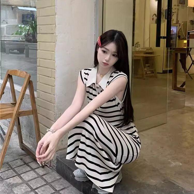 French Retro Polo Collar Color Block Stripe Knit Dress with Pleated Waist