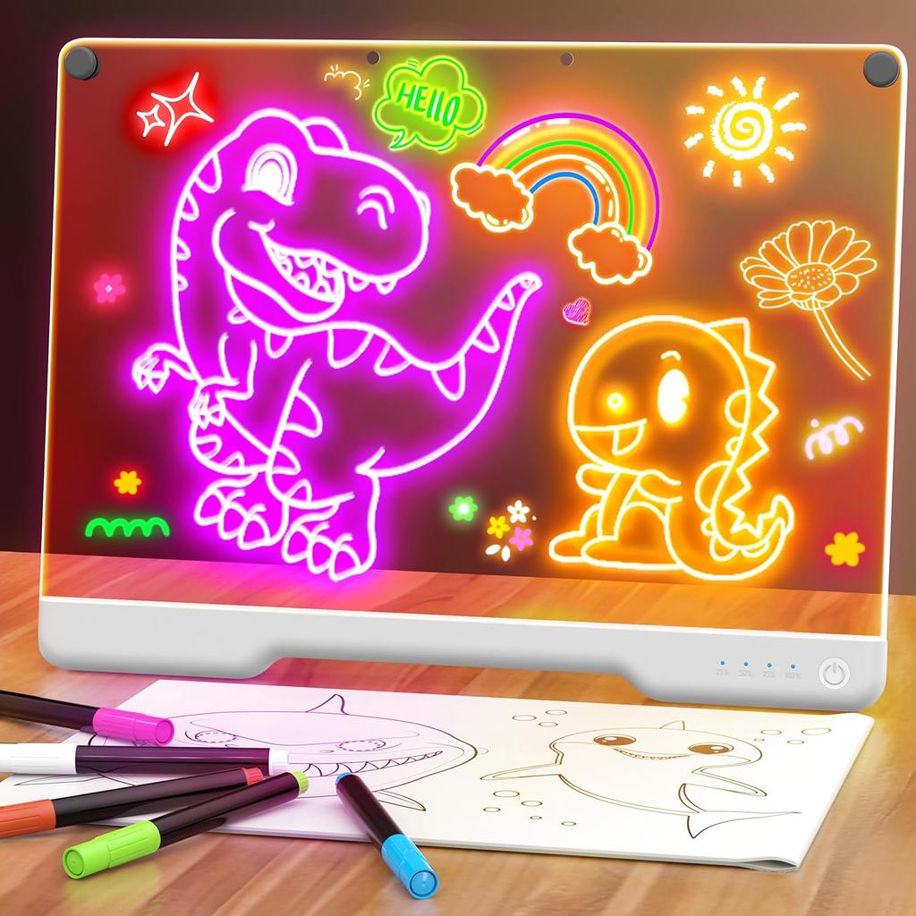 16-Inch Rechargeable Doodle Glow LED Note Board, 7-Color Light Modes, Neon Art Dry Erase Light Up Drawing Pad with Built-in Stand, Sketching Gift Toy