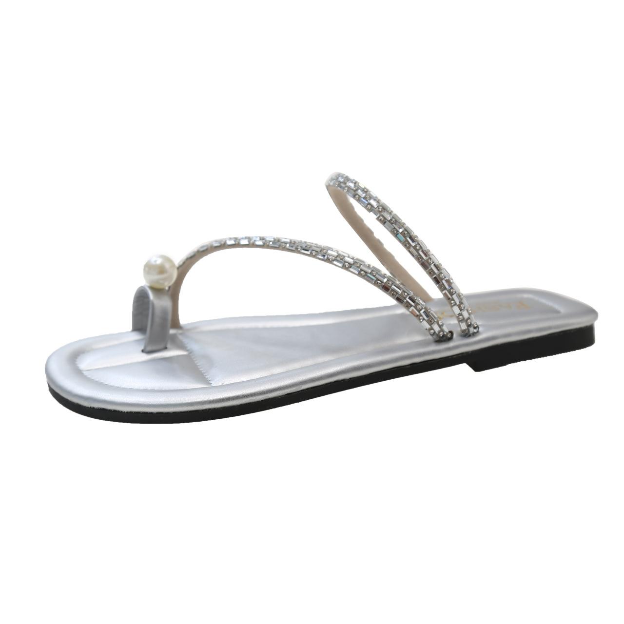 

Женские сандалии на плоской подошве со стразами, летние тапочки с ремешками, удобные шлепанцы для женщин, легкие модельные туфли с квадратным открытым носком, модные нескользящие шлепанцы 39 серебряный