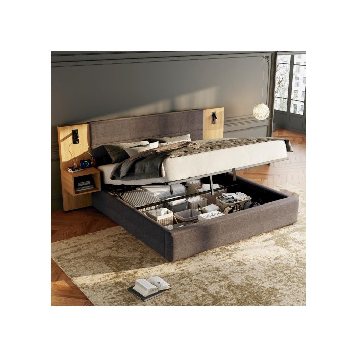 Lit rembourré 180 x 200 cm, lit hydraulique avec port USB, éclairé, tête de lit avec rangement, gris + naturel